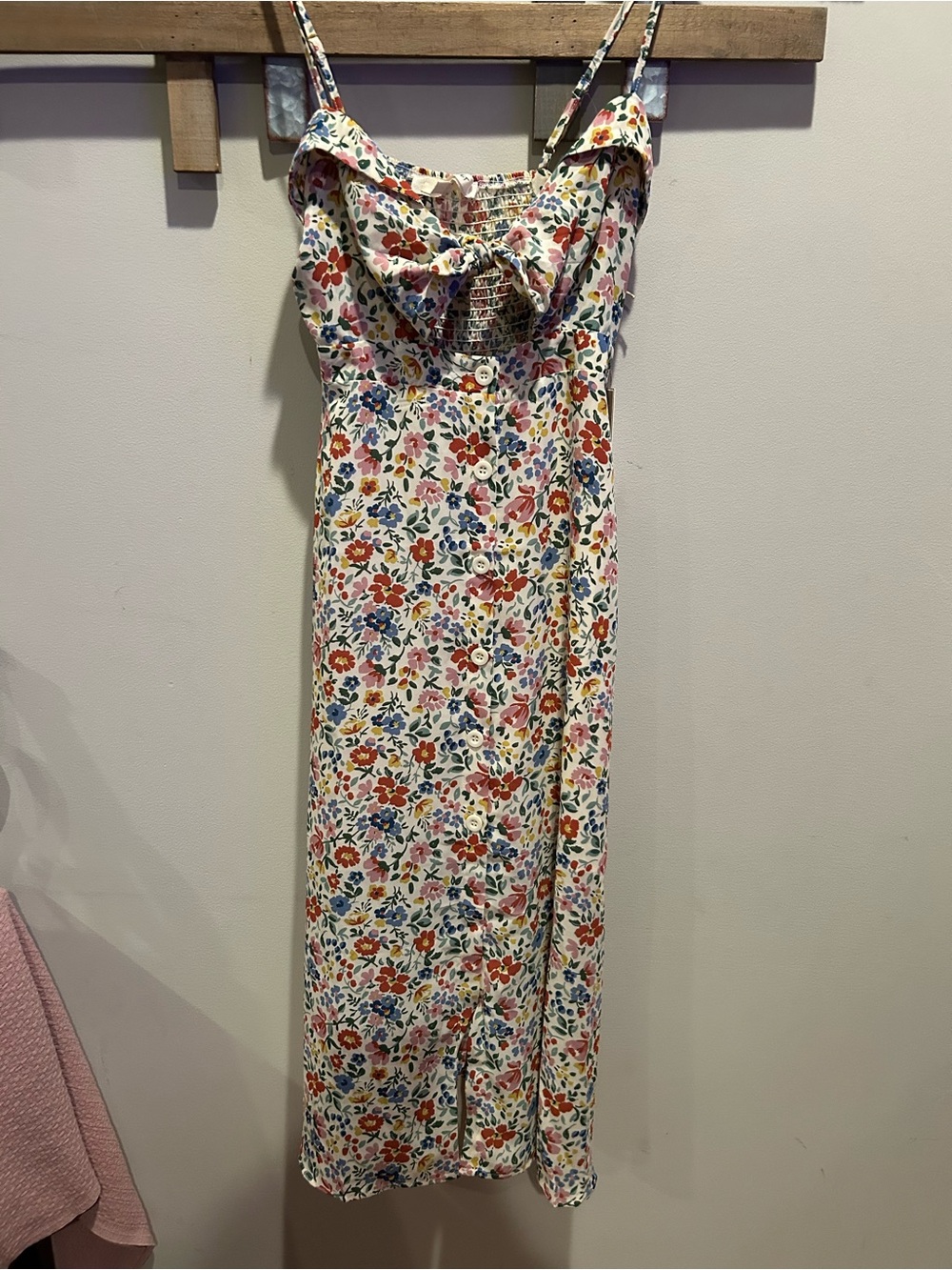 Blue Velvet Floral Button-Front Midi Dress with Tie Bust